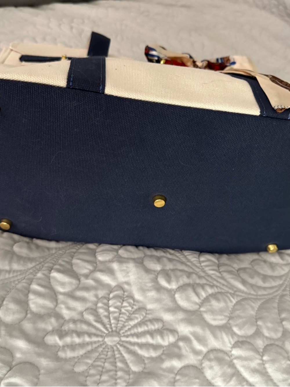 Boatkin-style Canvas Top-Handle Tote Bag in Cream with Navy Trim - Picture 2 of 7